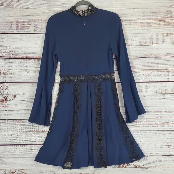Jonathan Simkhai Blue Dress Black Lace Trim 4 Swing Party Flare Bell Sleeve NWT - Picture 4 of 16